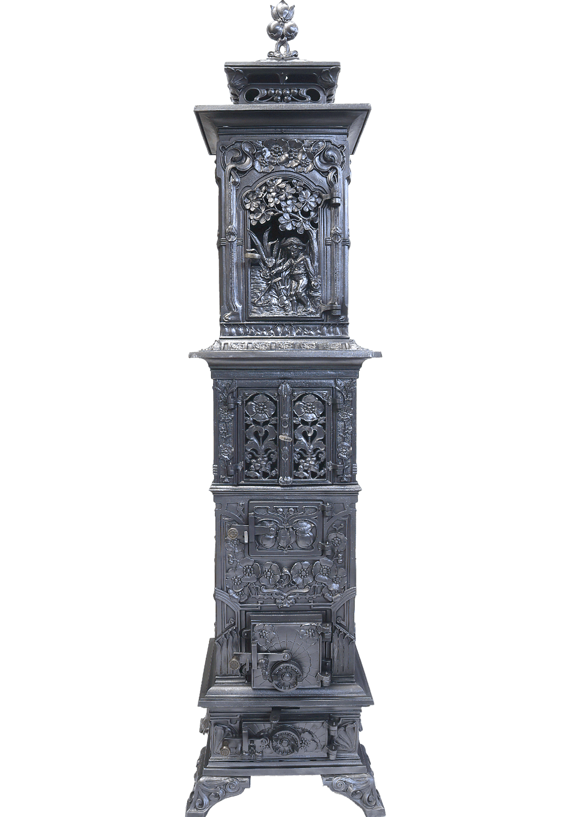 Jugendstil-Gussofen, 220 cm hoch, Frontansicht mit floralen Motiven und figürlichem Türmotiv am Warmhaltefach.