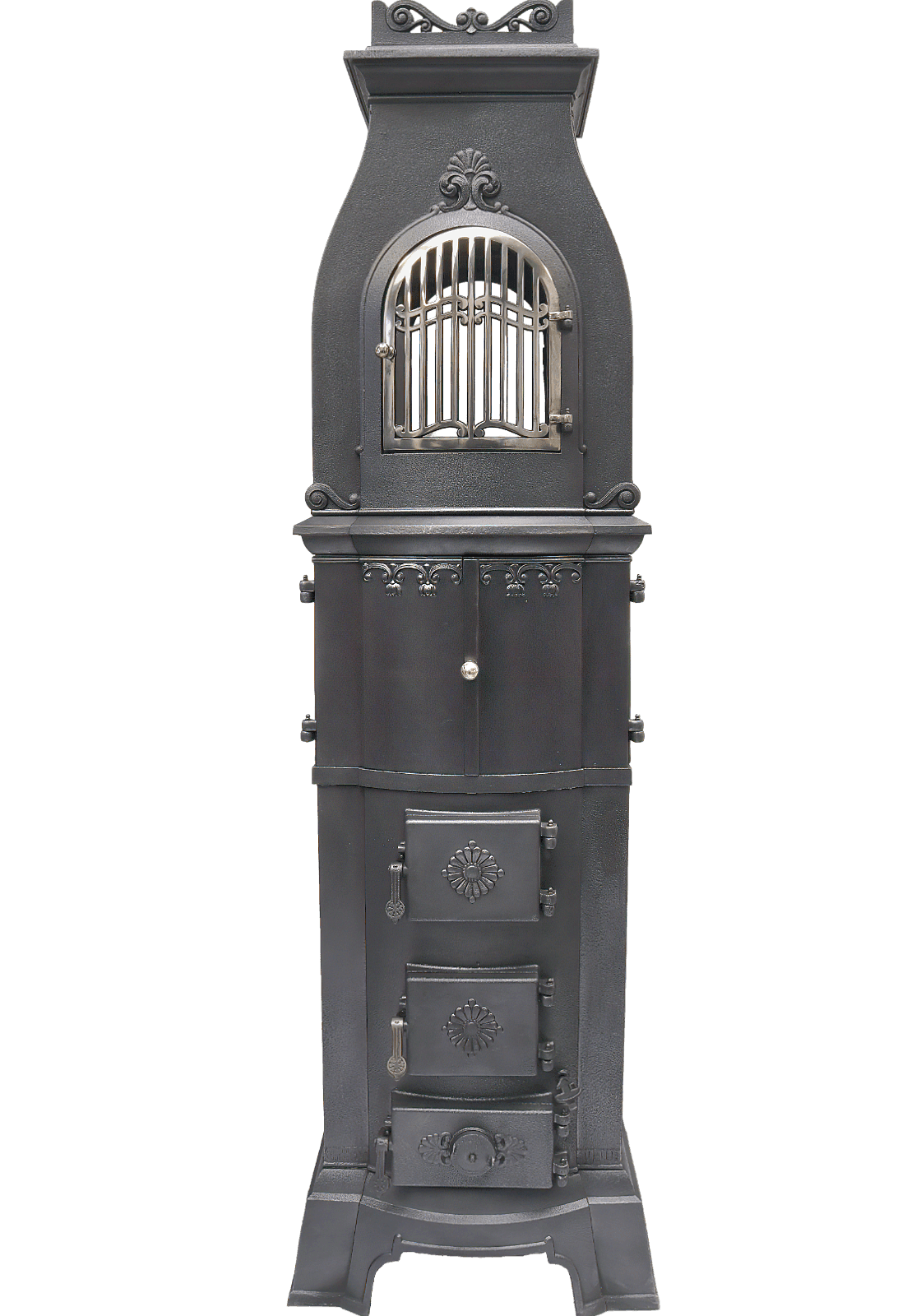 Antiker Ofen von Hess, 1920, in der Frontansicht, mit klaren Linien, ornamentiertem Gitterwerk und kunstvollen Türgriffen.