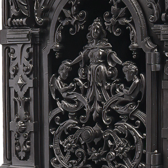 Antiker Ofen mit vielfältigen Motiven, filigran abstrakten und figürlich erhabenen Designs.
